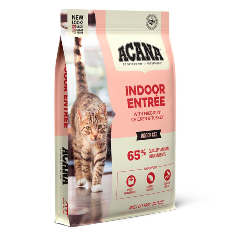 Acana Cat Indoor Entree 4,5kg, con 65% de ingredientes animales, ayuda al control de peso, bolas de pelo y digestión en gatos indoor.