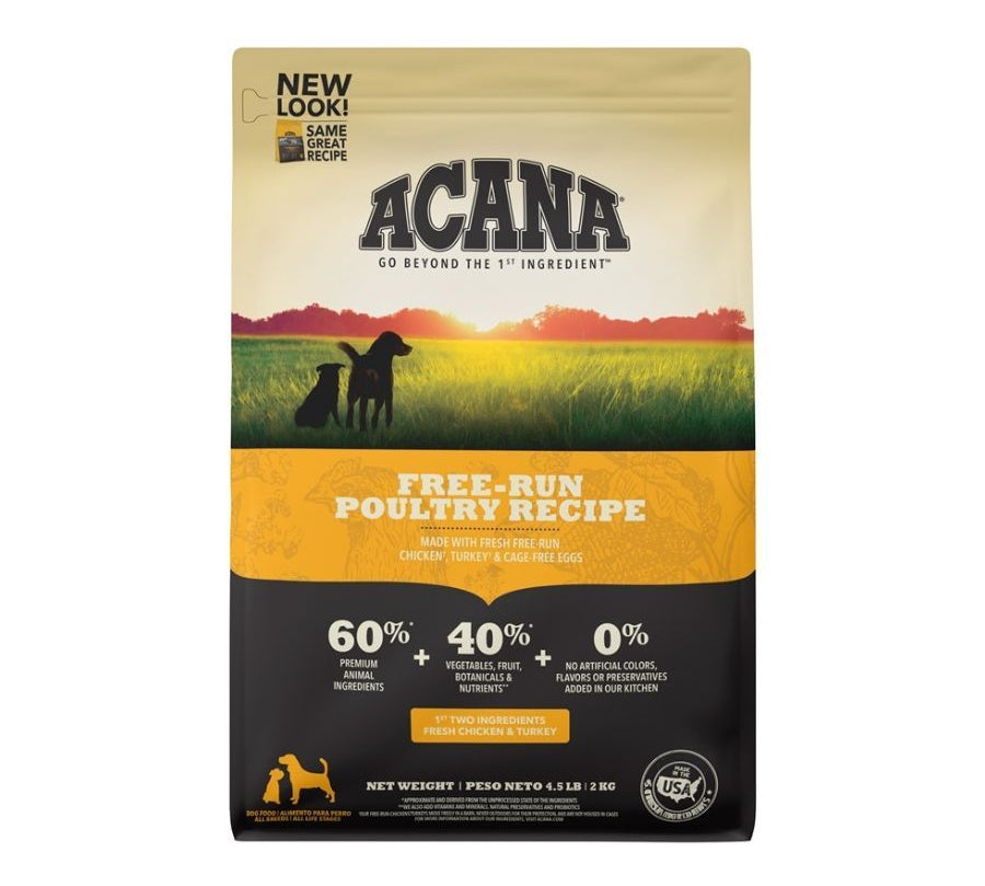 Acana Heritage Free-Run Poultry para Perros 11,4kg con 60% de carne fresca, sin cereales, ideal para una nutrición completa y natural.