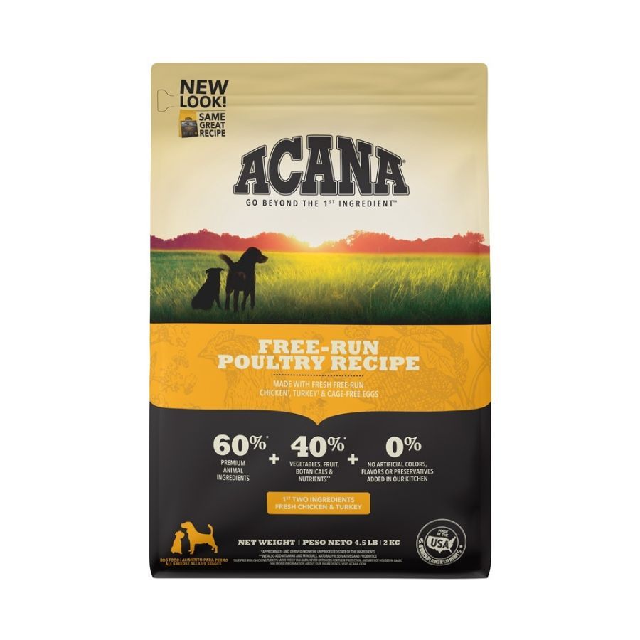 Acana Heritage Free-Run Poultry para Perros 11,4kg con 60% de carne fresca, sin cereales, ideal para una nutrición completa y natural.
