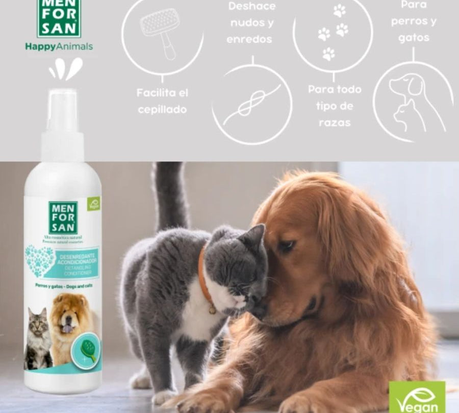 Acondicionador Desenredante para Mascotas Men for San, spray no graso que elimina enredos, facilita el cepillado y deja el pelaje suave y brillante.