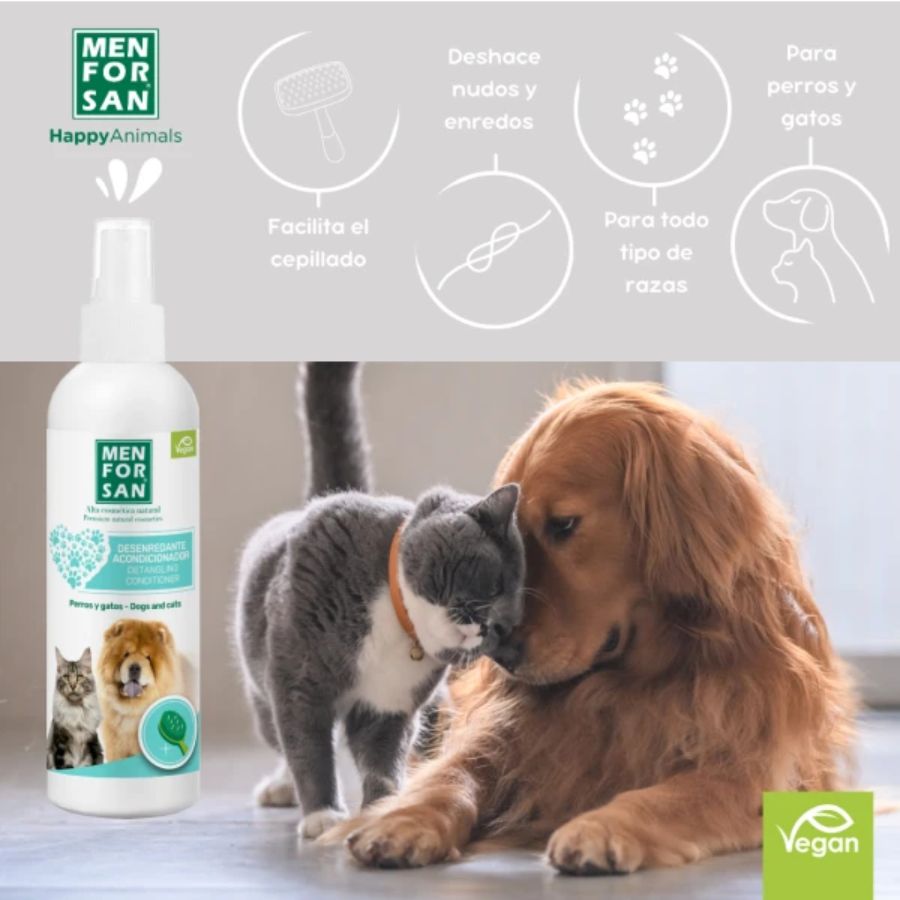 Acondicionador Desenredante para Mascotas Men for San, spray no graso que elimina enredos, facilita el cepillado y deja el pelaje suave y brillante.