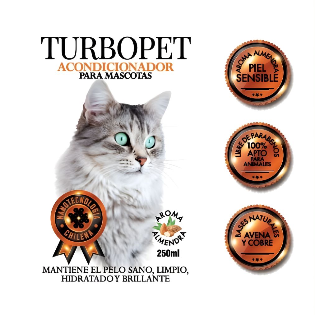 Acondicionador para Gatos TurboPet 250 ml con avena, aloe vera y nano cobre. Hidrata, suaviza y protege el pelaje con aroma a almendra.