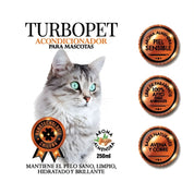 Acondicionador para Gatos TurboPet 250 ml con avena, aloe vera y nano cobre. Hidrata, suaviza y protege el pelaje con aroma a almendra.