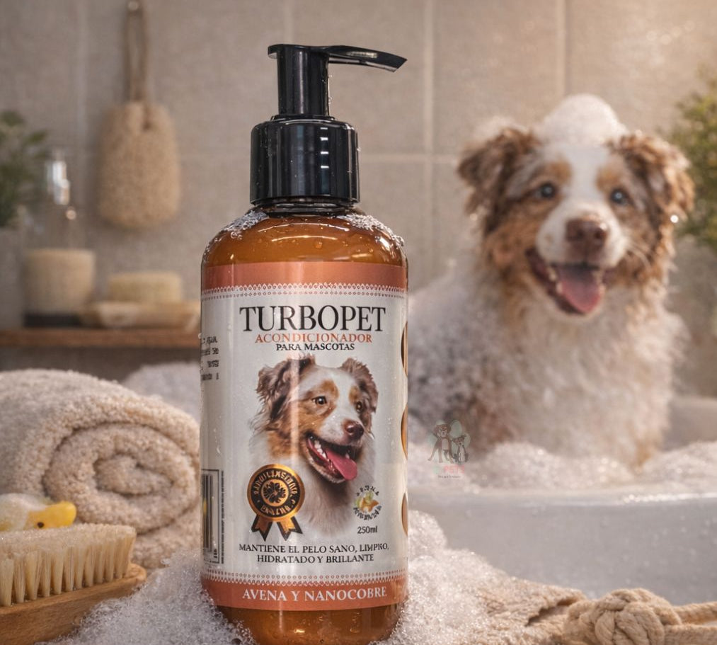 Acondicionador para Perros TurboPet 250 ml con avena, aloe vera y nano cobre. Hidrata, protege y deja el pelaje suave, brillante y perfumado.