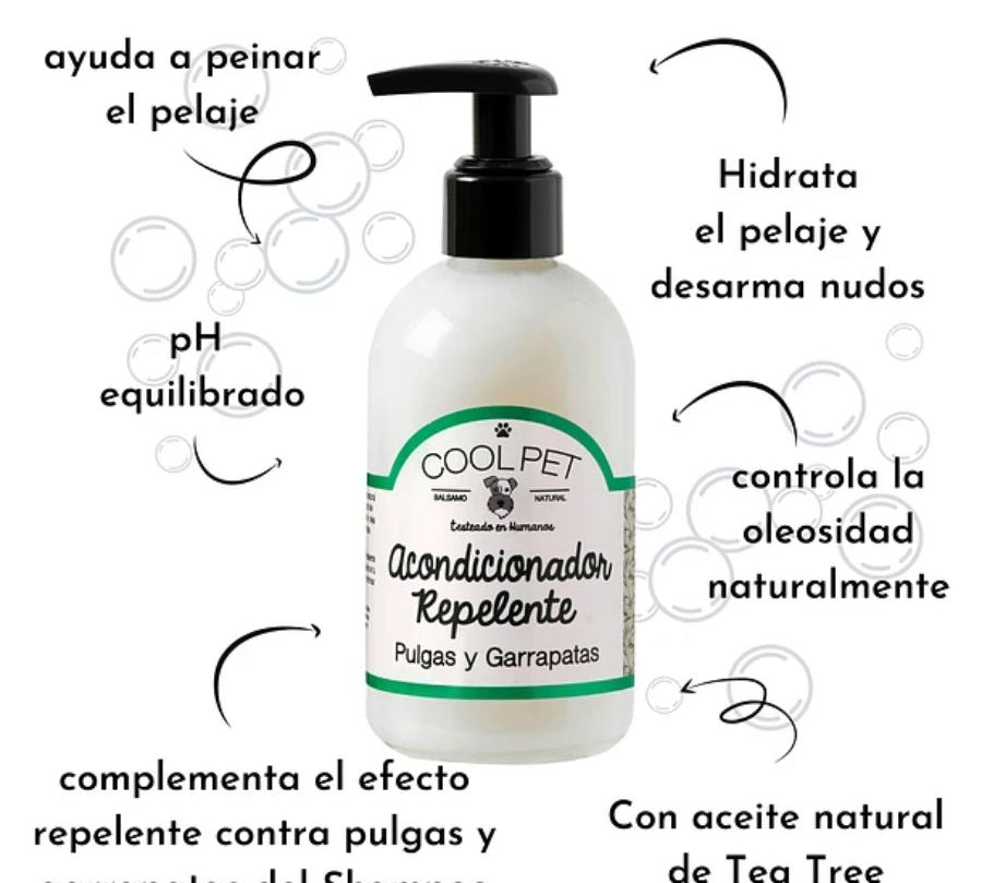 Acondicionador Repelente CoolPet con avena y Tea Tree, desenreda, protege contra pulgas y calma la piel. Ideal tras el shampoo repelente.