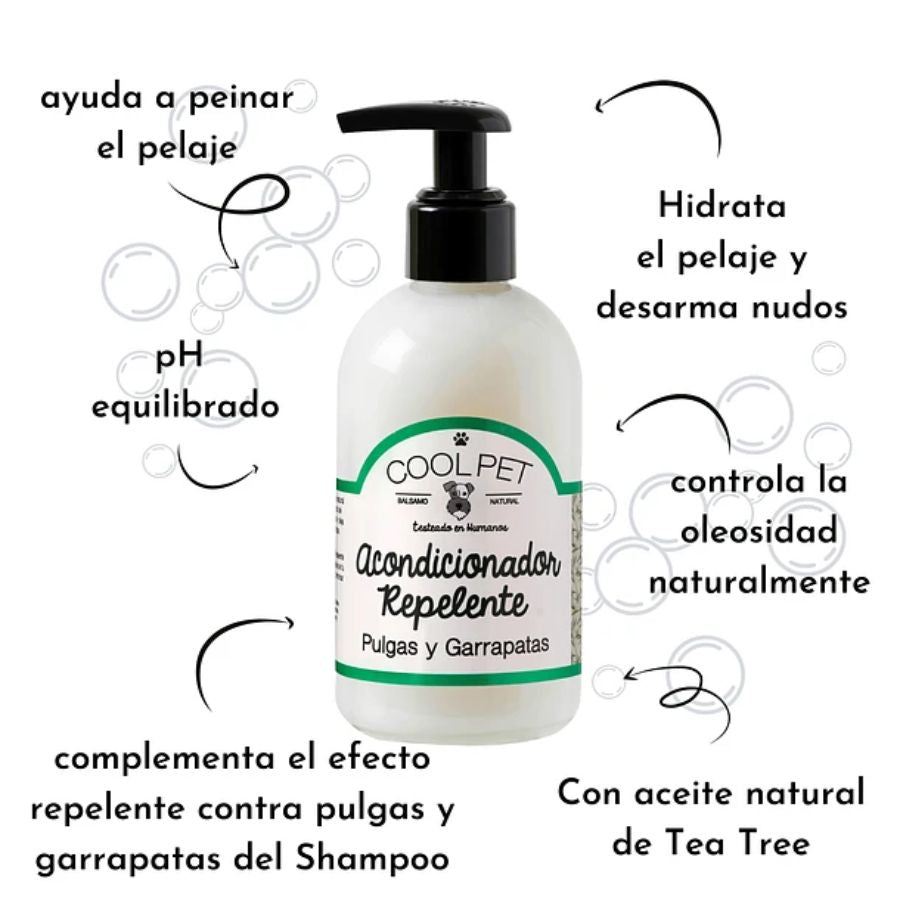 Acondicionador Repelente CoolPet con avena y Tea Tree, desenreda, protege contra pulgas y calma la piel. Ideal tras el shampoo repelente.