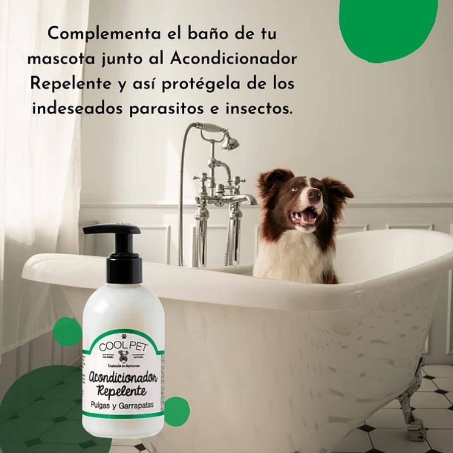 Acondicionador Repelente CoolPet con avena y Tea Tree, desenreda, protege contra pulgas y calma la piel. Ideal tras el shampoo repelente.