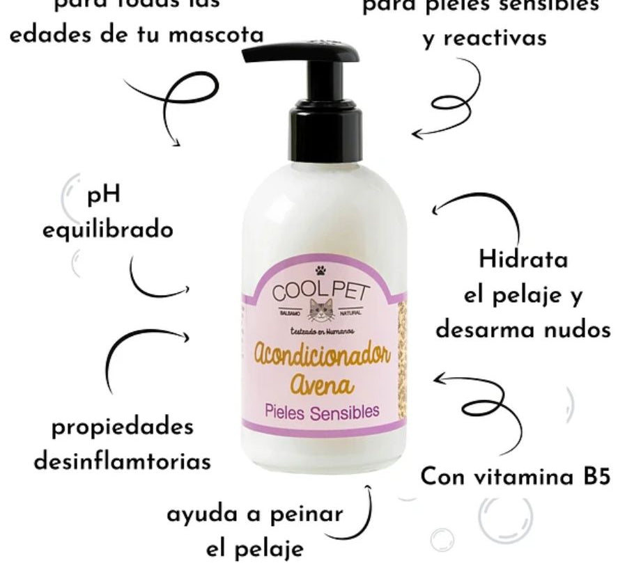 Acondicionador de Avena Gatos CoolPet con fórmula natural para piel sensible. Hidrata, alivia irritación y deja el pelaje suave y brillante.