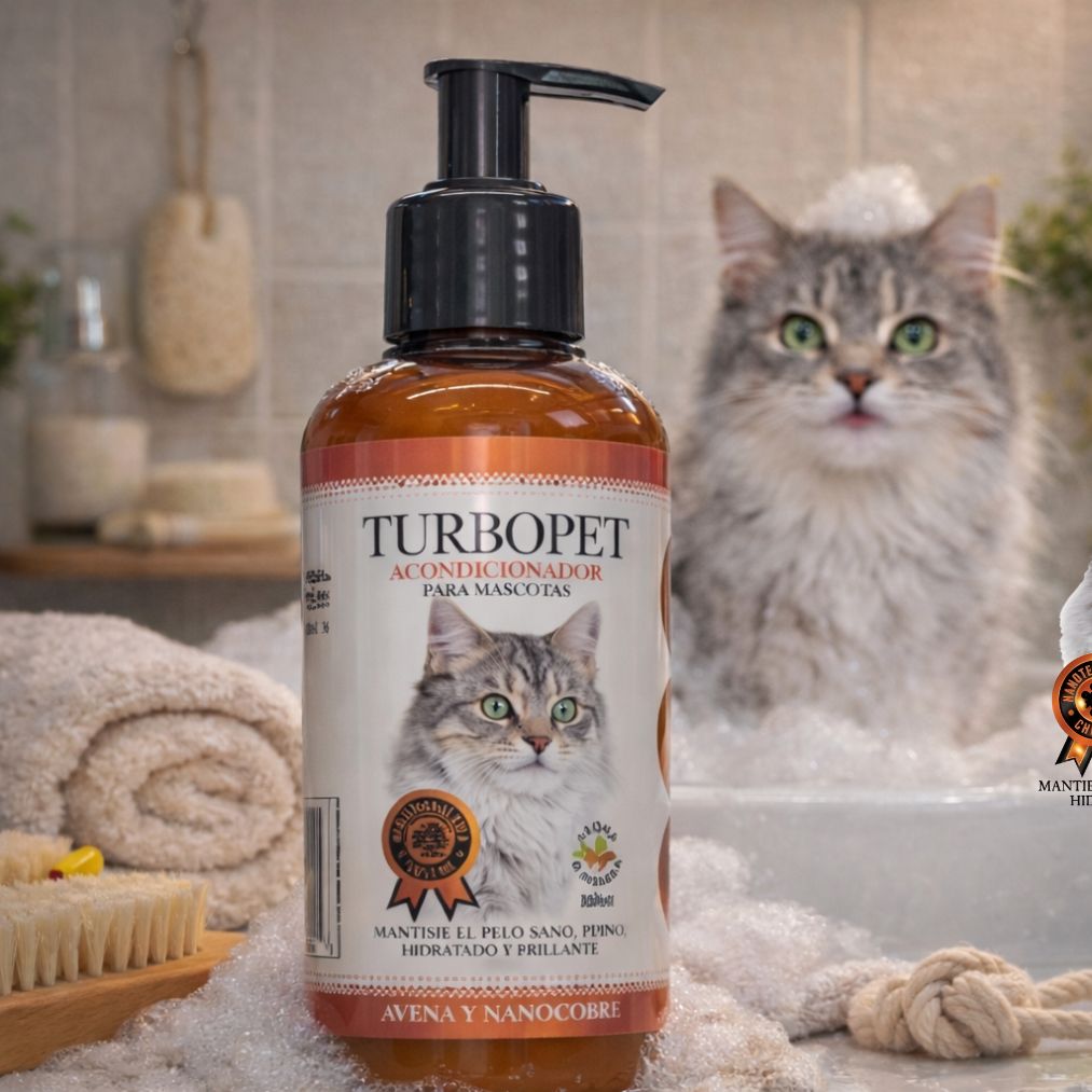 Acondicionador para Gatos TurboPet 250 ml con avena, aloe vera y nano cobre. Hidrata, suaviza y protege el pelaje con aroma a almendra.