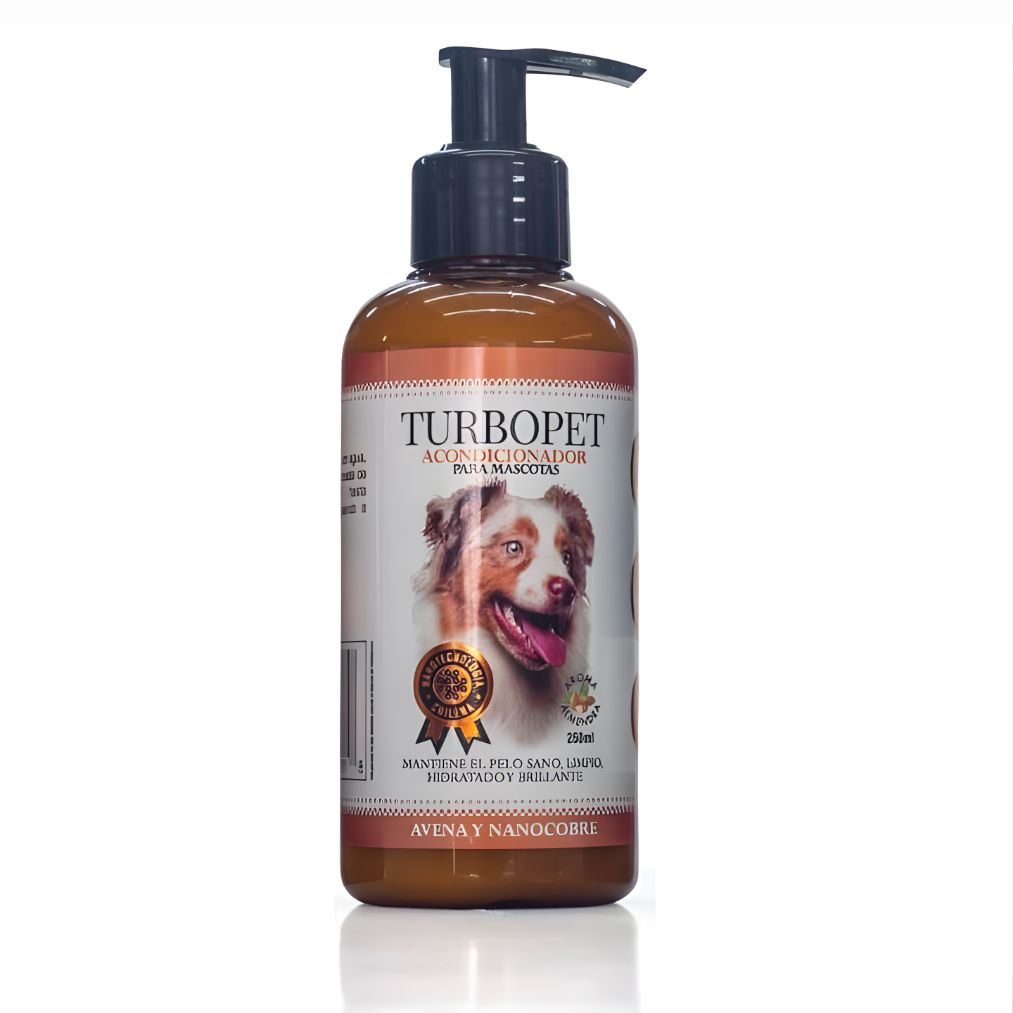 Acondicionador para Perros TurboPet 250 ml con avena, aloe vera y nano cobre. Hidrata, protege y deja el pelaje suave, brillante y perfumado.