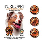 Acondicionador para Perros TurboPet 250 ml con avena, aloe vera y nano cobre. Hidrata, protege y deja el pelaje suave, brillante y perfumado.
