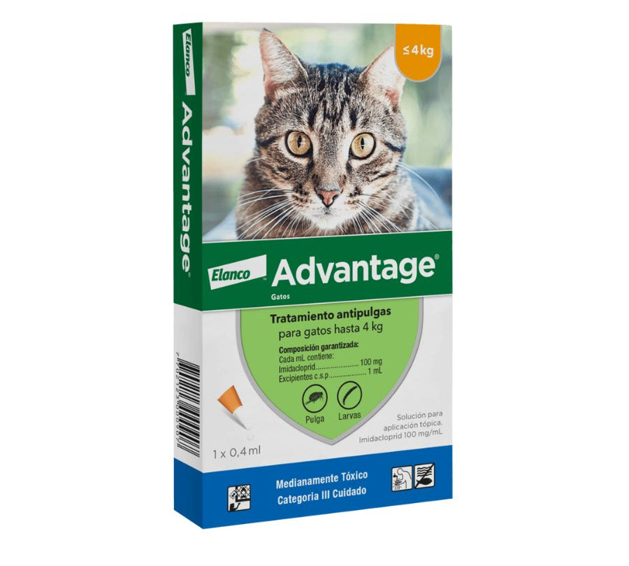 Advantage Gatos < 4 kg elimina pulgas en 12 h y protege por 4 semanas. Spot-on seguro, rompe el ciclo vital de las pulgas y alivia la DAPP.