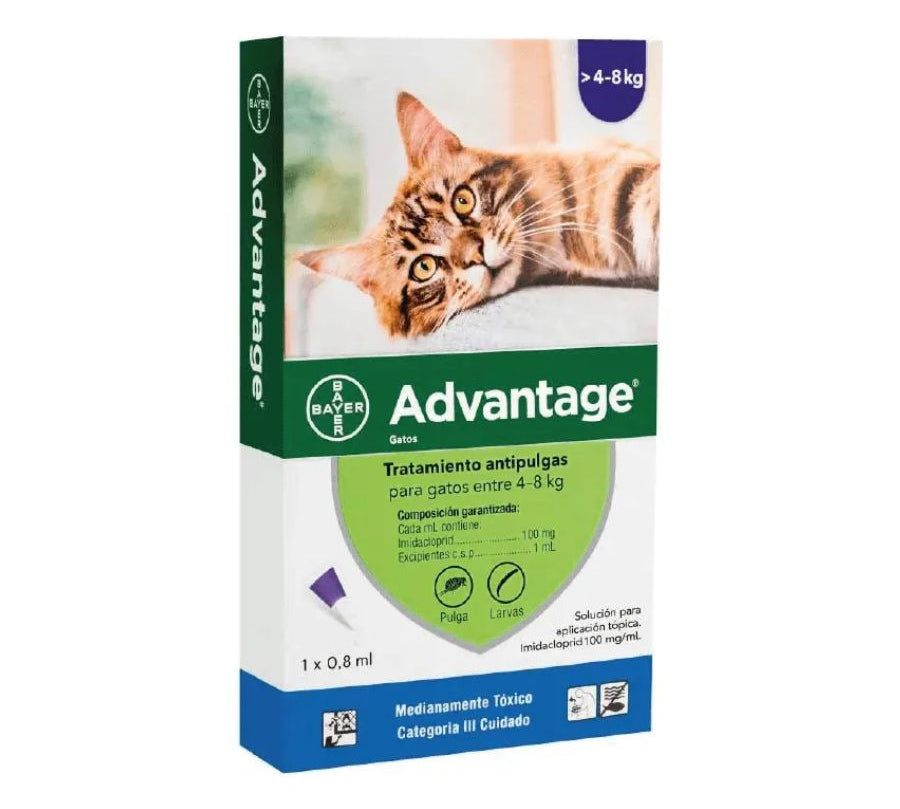 Advantage Pipeta Gatos 4-8kg elimina pulgas en 12 h y protege por 4 semanas. Spot-on seguro, rompe el ciclo vital de las pulgas y alivia la DAPP.