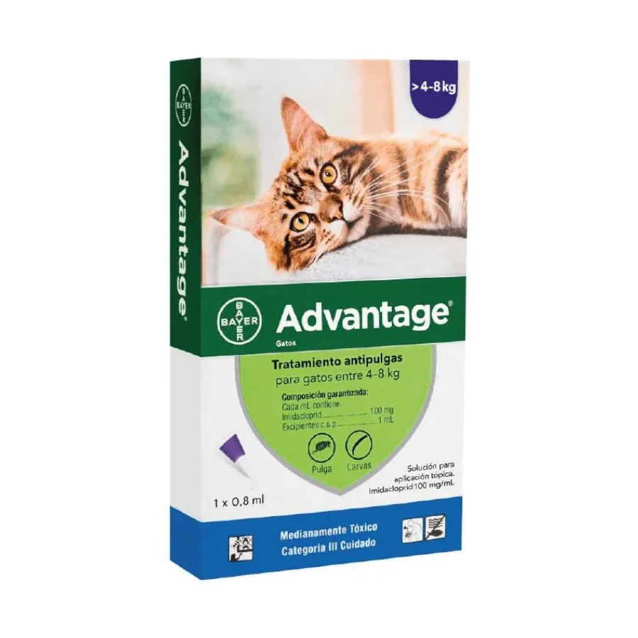 Advantage Pipeta Gatos 4-8kg elimina pulgas en 12 h y protege por 4 semanas. Spot-on seguro, rompe el ciclo vital de las pulgas y alivia la DAPP.
