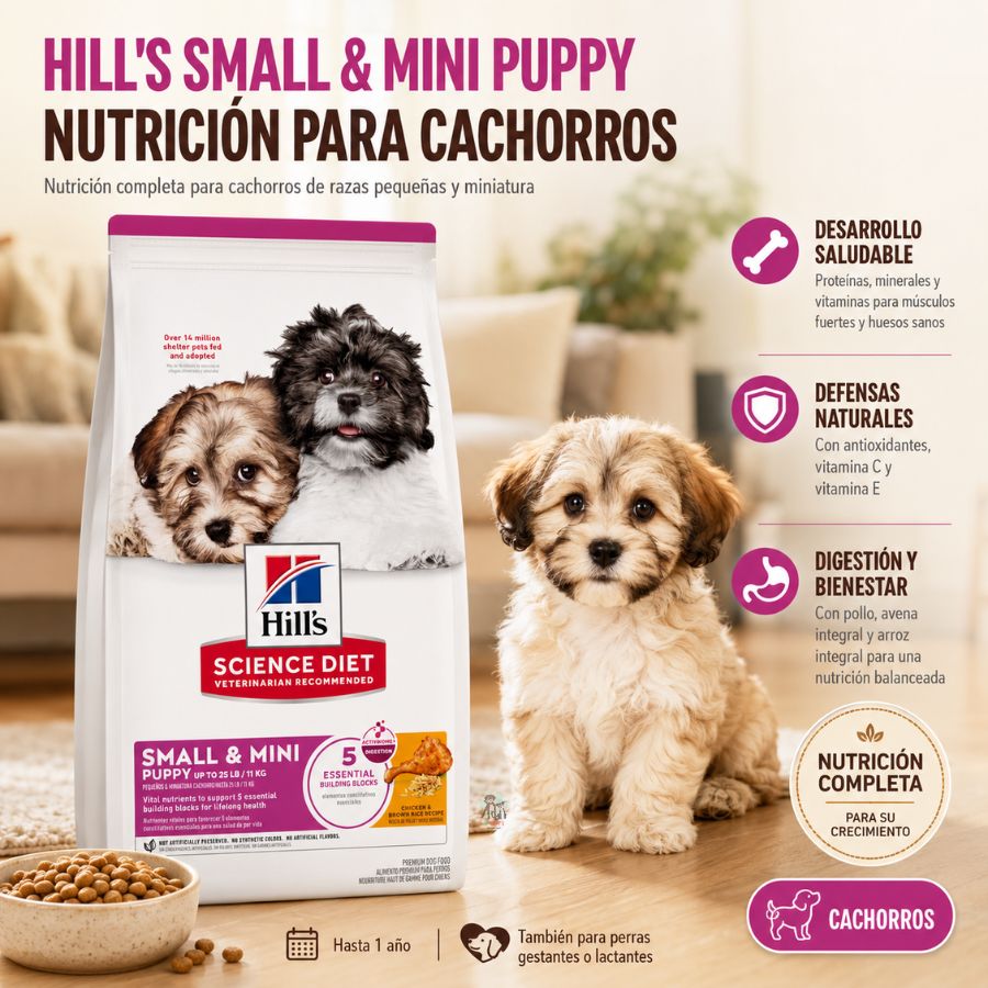Hills Diet Small & Mini Puppy 2Kg alimento para cachorros mini, con pollo, omega y nutrientes para crecer fuerte y sano.