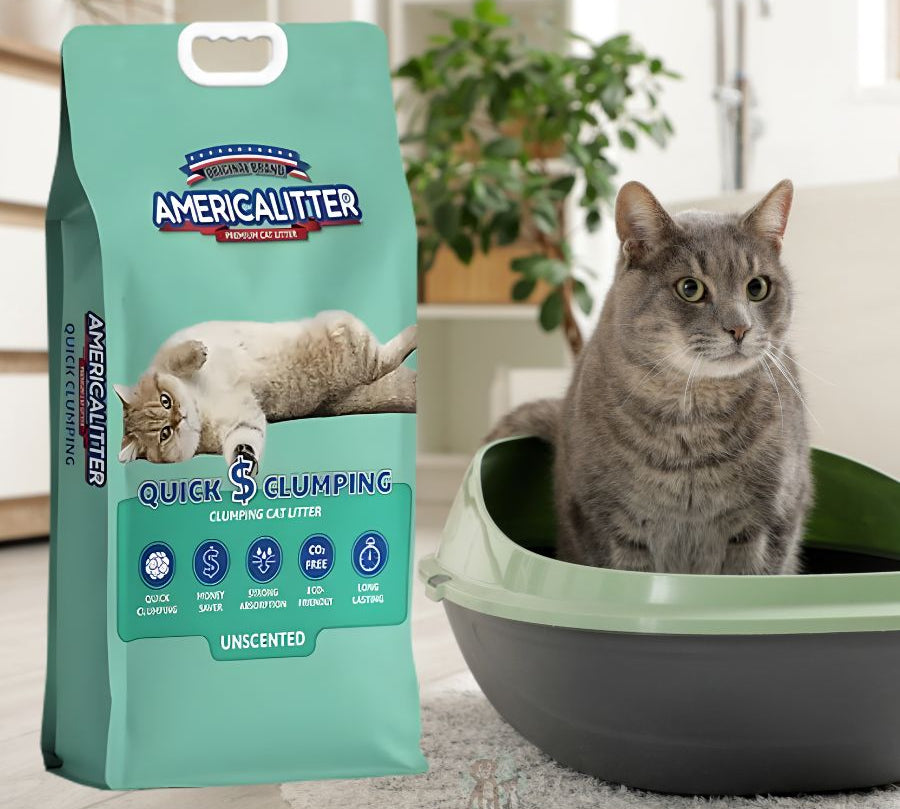 America Litter Quick Clumping 20Kg, arena para gatos con aglutinación rápida y sin aroma, ideal para una limpieza fácil y duradera.
