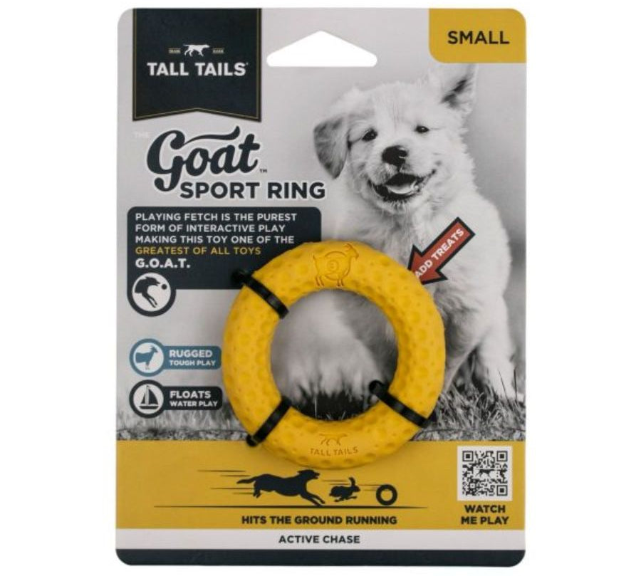 Anillo de Goma Natural GOAT 🔵, resistente y visible, ideal para perros activos. Perfecto para buscar, morder y juegos con snacks.