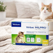 Antiparasitario Virbac Milpro Gato 0,5 a 2kg tratamiento interno eficaz en dosis única contra nematodos y cestodos, fácil administración oral.