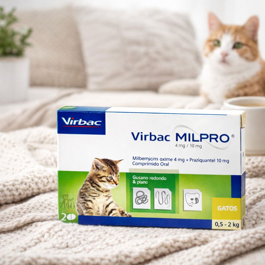 Antiparasitario Virbac Milpro Gato 0,5 a 2kg tratamiento interno eficaz en dosis única contra nematodos y cestodos, fácil administración oral.