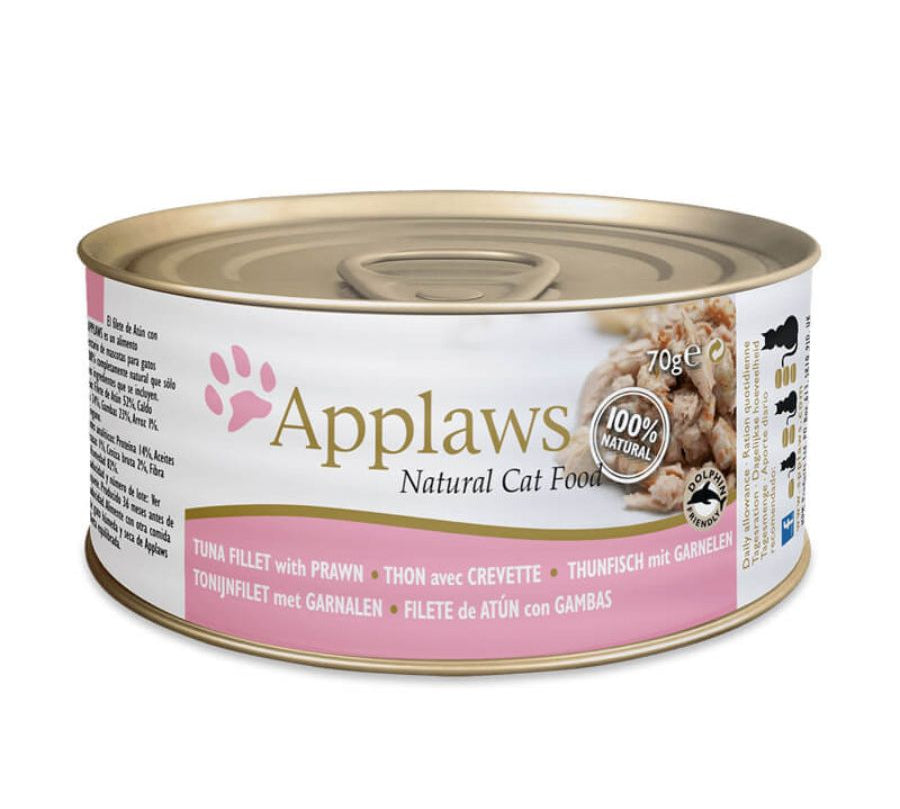 Applaws Lata Filete de Atún con Camarón es un alimento húmedo 100% natural para gatos, rico en proteínas y sin aditivos artificiales.