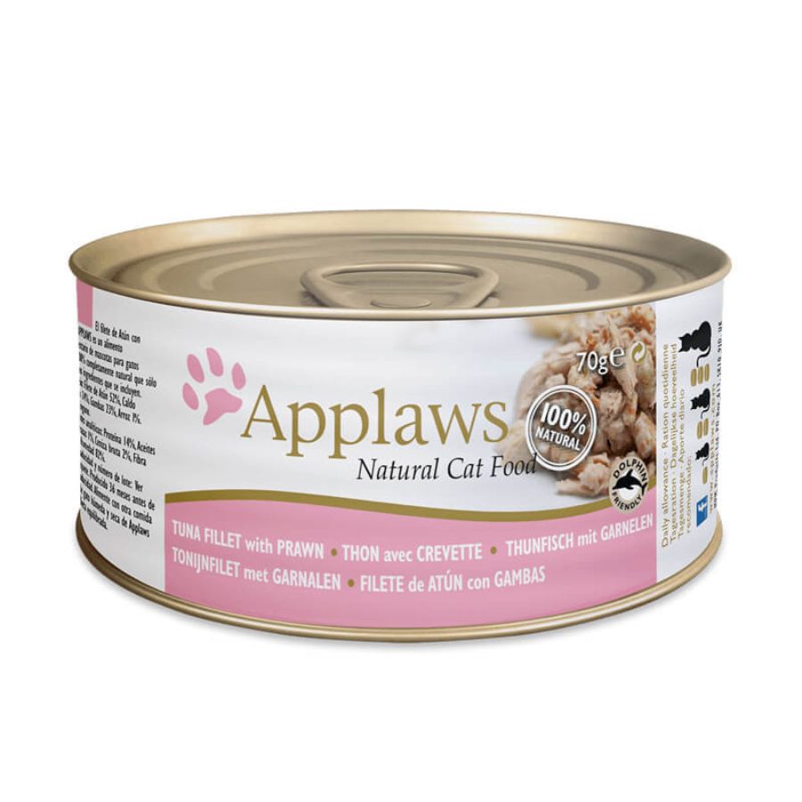 Applaws Lata Filete de Atún con Camarón es un alimento húmedo 100% natural para gatos, rico en proteínas y sin aditivos artificiales.
