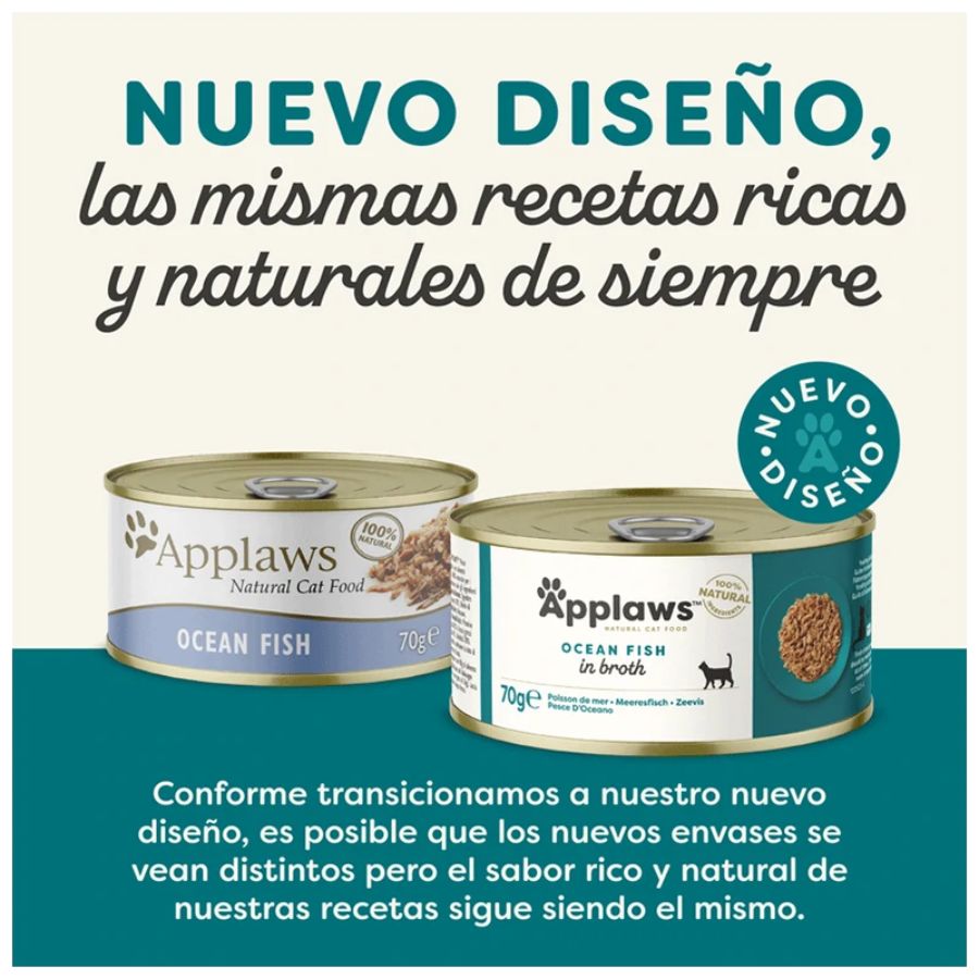 Applaws Lata Pescado Azul es un alimento húmedo natural con caballa y atún, libre de aditivos y rico en proteínas para gatos adultos.