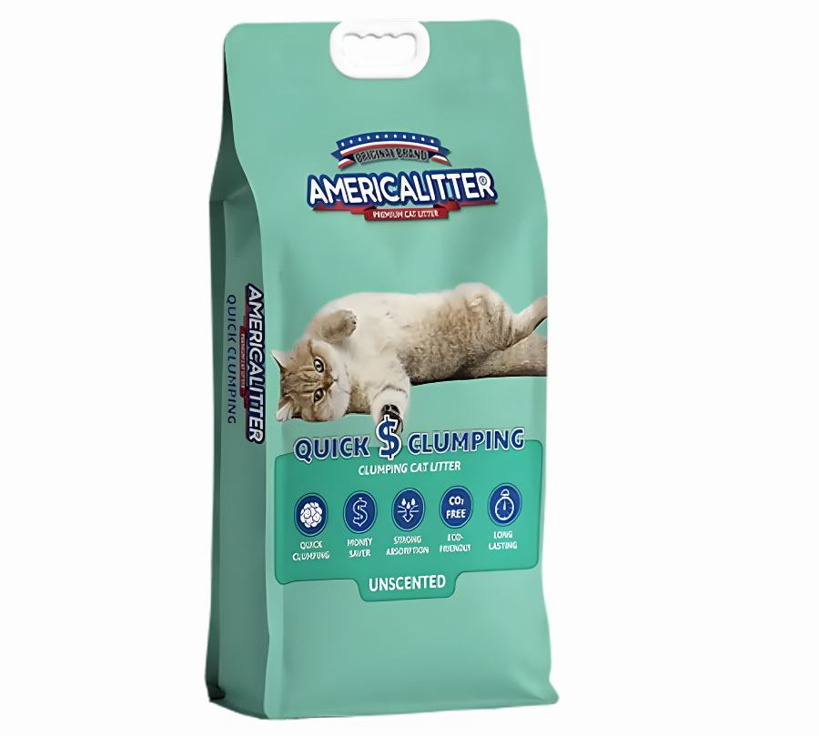 America Litter Quick Clumping 20Kg, arena para gatos con aglutinación rápida y sin aroma, ideal para una limpieza fácil y duradera.