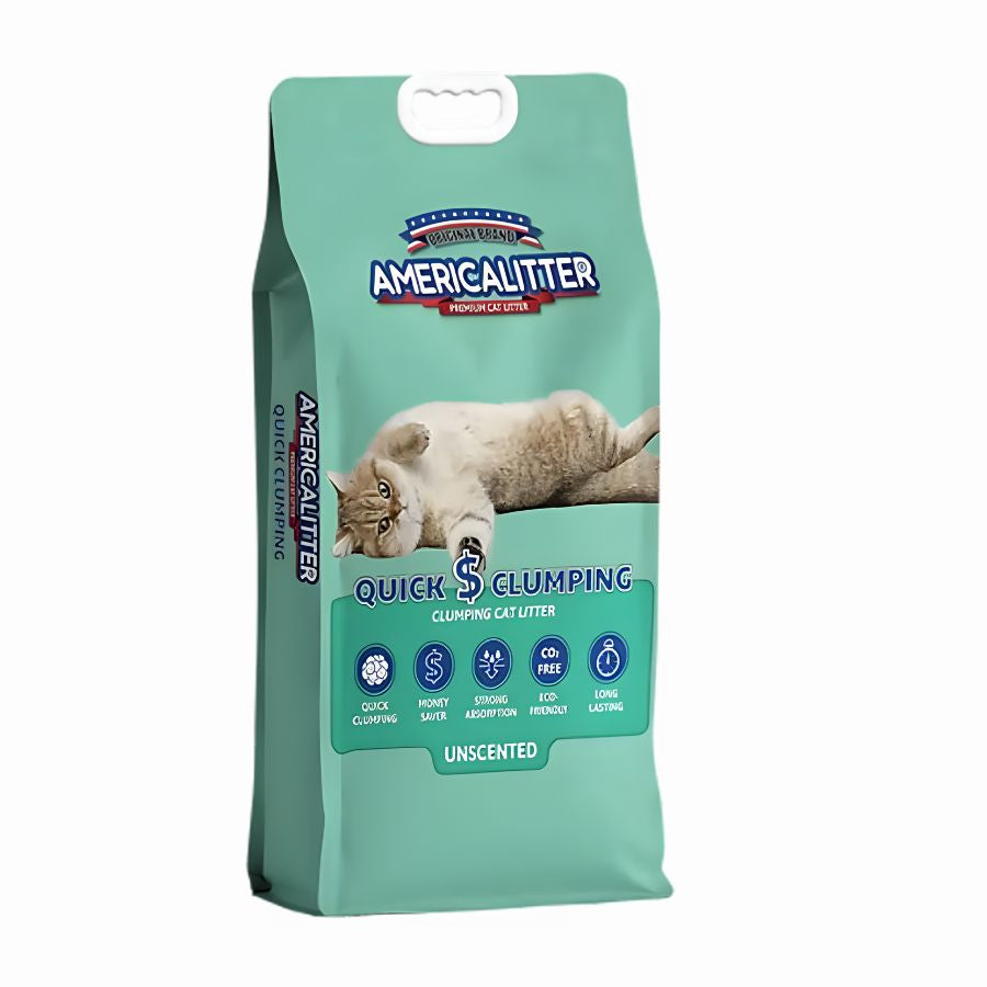 America Litter Quick Clumping 20Kg, arena para gatos con aglutinación rápida y sin aroma, ideal para una limpieza fácil y duradera.