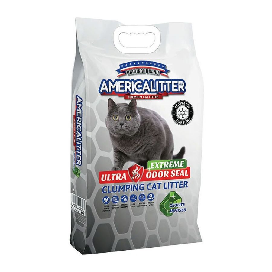 Arena America Litter Ultra Odor Seal Extreme 15kg 🐱 con zeolita natural y aglomeración extra dura. Controla olores y facilita la limpieza del arenero.
