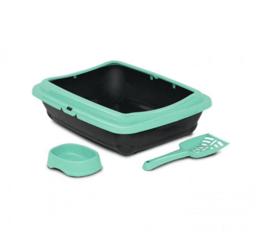 Bandeja Sanitaria Birba Kit: Conjunto completo para el cuidado de gatos. 🐾 Incluye bandeja con borde, comedero y pala. Diseño práctico y estético en naranjo.