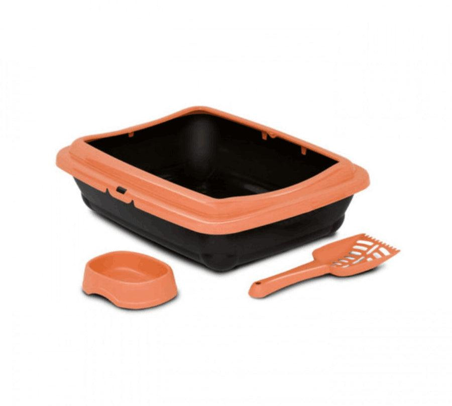 Bandeja Sanitaria Birba Kit: Conjunto completo para el cuidado de gatos. 🐾 Incluye bandeja con borde, comedero y pala. Diseño práctico y estético en naranjo.