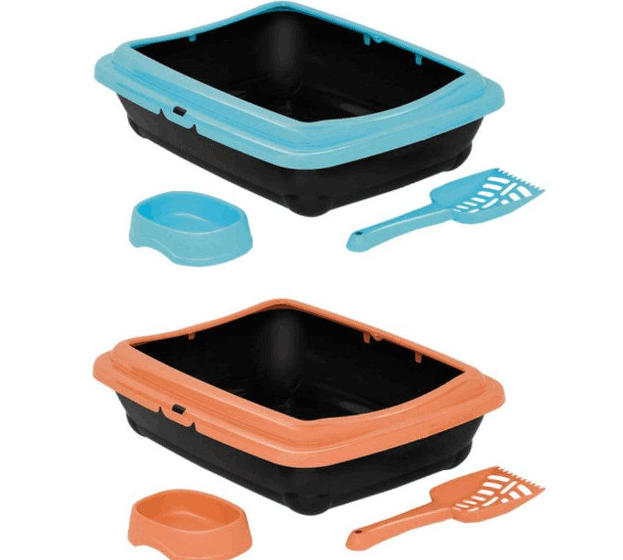 Bandeja Sanitaria Birba Kit: Conjunto completo para el cuidado de gatos. 🐾 Incluye bandeja con borde, comedero y pala. Diseño práctico y estético en naranjo.