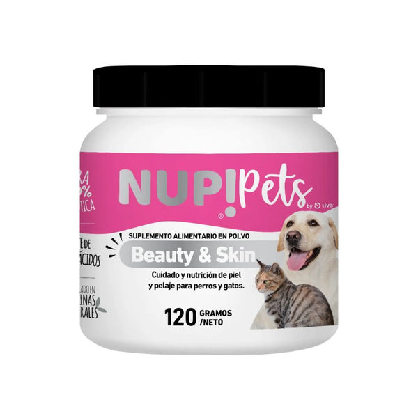 Suplemento Beauty & Skin para Mascotas NUP! PETS 120g, ideal para fortalecer piel, pelaje y uñas. Con fibra prebiótica, vitaminas y minerales esenciales.