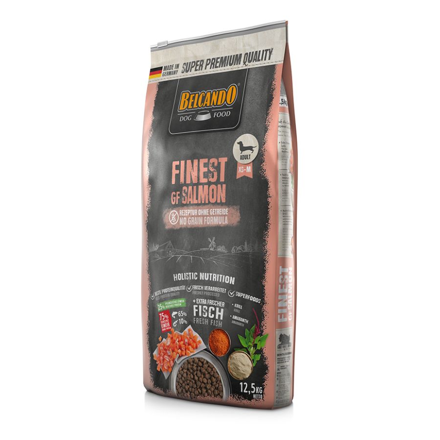Descubre Belcando Finest Grain-Free Salmon 12.5kg, un alimento sin granos y rico en salmón, ideal para perros con sensibilidades alimentarias. Mejora la piel y el pelaje de tu mascota con omega-3. Envío a todo Chile. 