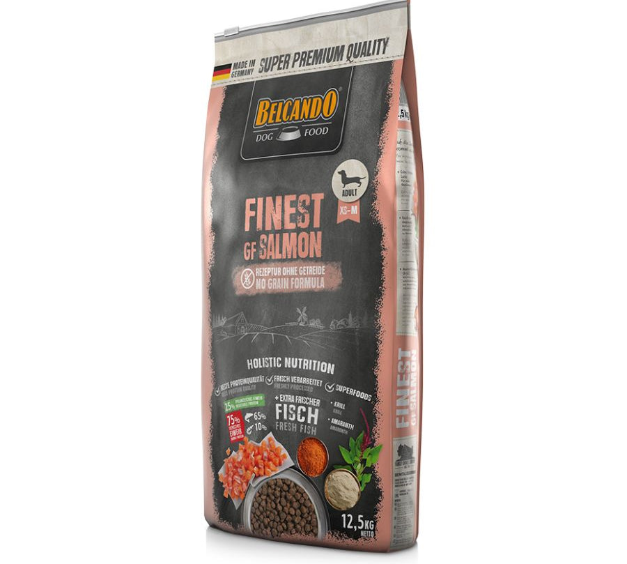 Satisface a tu perro con BELCANDO Finest Grain Free Salmon 4kg 🐟🌾, un festín de salmón fresco y kril, perfecto para perros con sensibilidades y en busca de una dieta sin cereales, rica en omega-3 y nutrientes vitales.