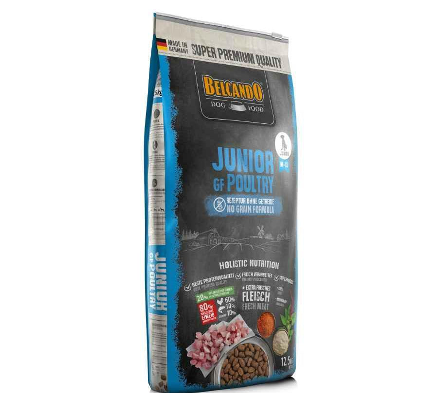 Cuida de tu perro joven con BELCANDO Junior Grain Free Poultry 12.5kg 🐶💪, nutrición avanzada sin cereales con carne de ave fresca y amaranto para el crecimiento saludable y la prevención de intolerancias