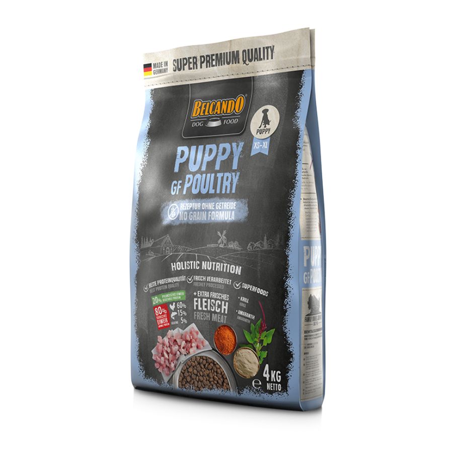 Elige BELCANDO Puppy Grain Free Poultry 4kg 🐕🌱, alimento sin cereales con 40% de ave fresca y amaranto, para un crecimiento saludable y un sistema inmune robusto.