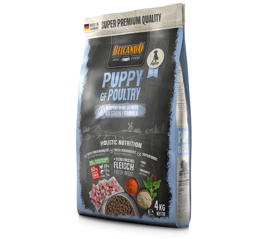 Elige BELCANDO Puppy Grain Free Poultry 4kg 🐕🌱, alimento sin cereales con 40% de ave fresca y amaranto, para un crecimiento saludable y un sistema inmune robusto.