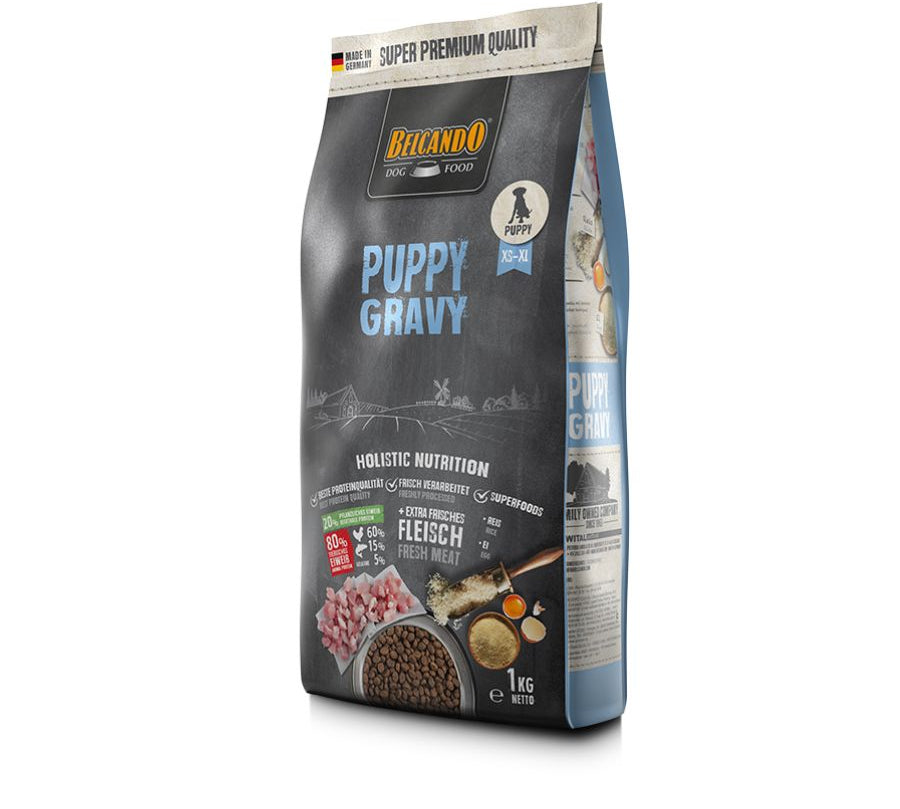 Descubre BELCANDO Puppy Gravy 1kg 🐾✨, alimentación óptima para cachorros. Con carne de ave fresca, arroz y huevos, para un crecimiento saludable y huesos fuertes.
