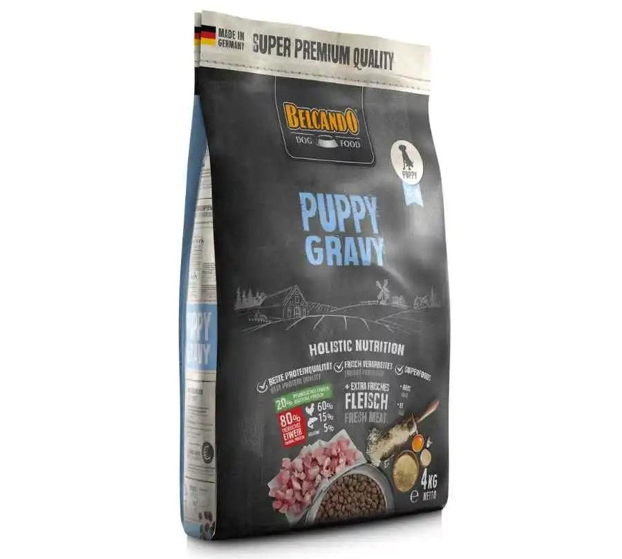 Descubre BELCANDO Puppy Gravy 4kg, alimentación óptima para cachorros. Con carne de ave fresca, arroz y huevos, para un crecimiento saludable y huesos fuertes.
