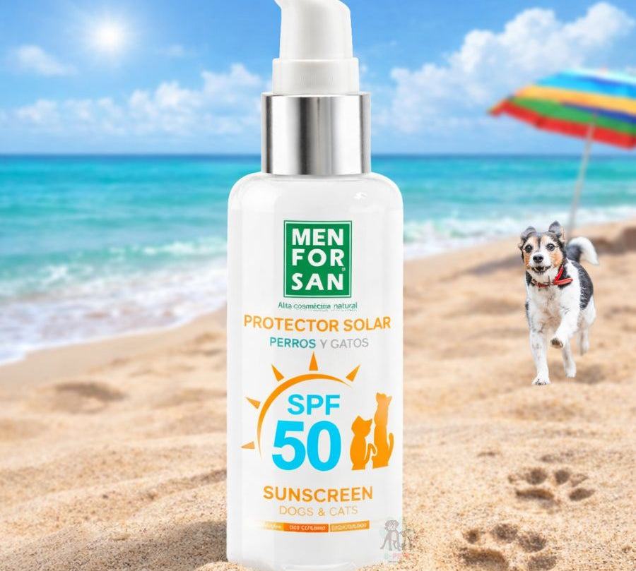 Bloqueador Solar SPF 50 para Mascotas Men For San 60ML protege e hidrata la piel sensible de perros y gatos contra los rayos UVA y UVB. Hipoalergénico y sin perfume.