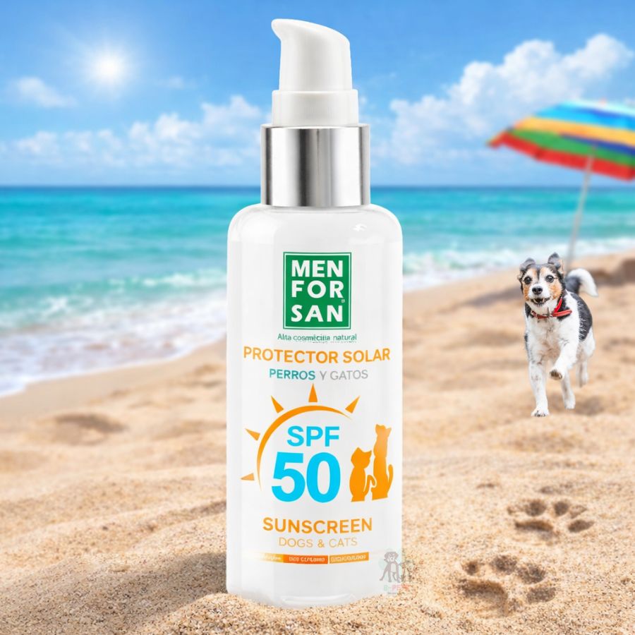 Bloqueador Solar SPF 50 para Mascotas Men For San 60ML protege e hidrata la piel sensible de perros y gatos contra los rayos UVA y UVB. Hipoalergénico y sin perfume.