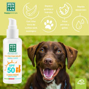 Bloqueador Solar SPF 50 para Mascotas Men For San 60ML protege e hidrata la piel sensible de perros y gatos contra los rayos UVA y UVB. Hipoalergénico y sin perfume.