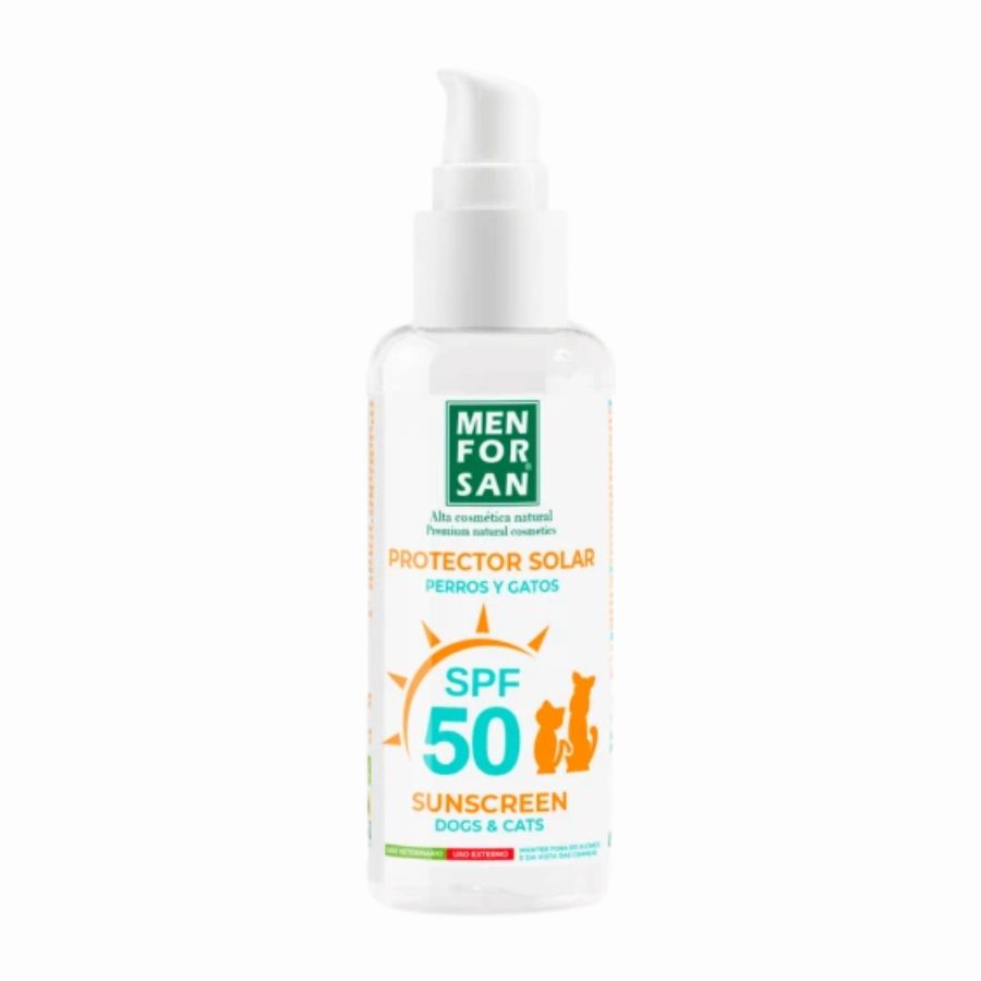 Bloqueador Solar SPF 50 para Mascotas Men For San 60ML protege e hidrata la piel sensible de perros y gatos contra los rayos UVA y UVB. Hipoalergénico y sin perfume.