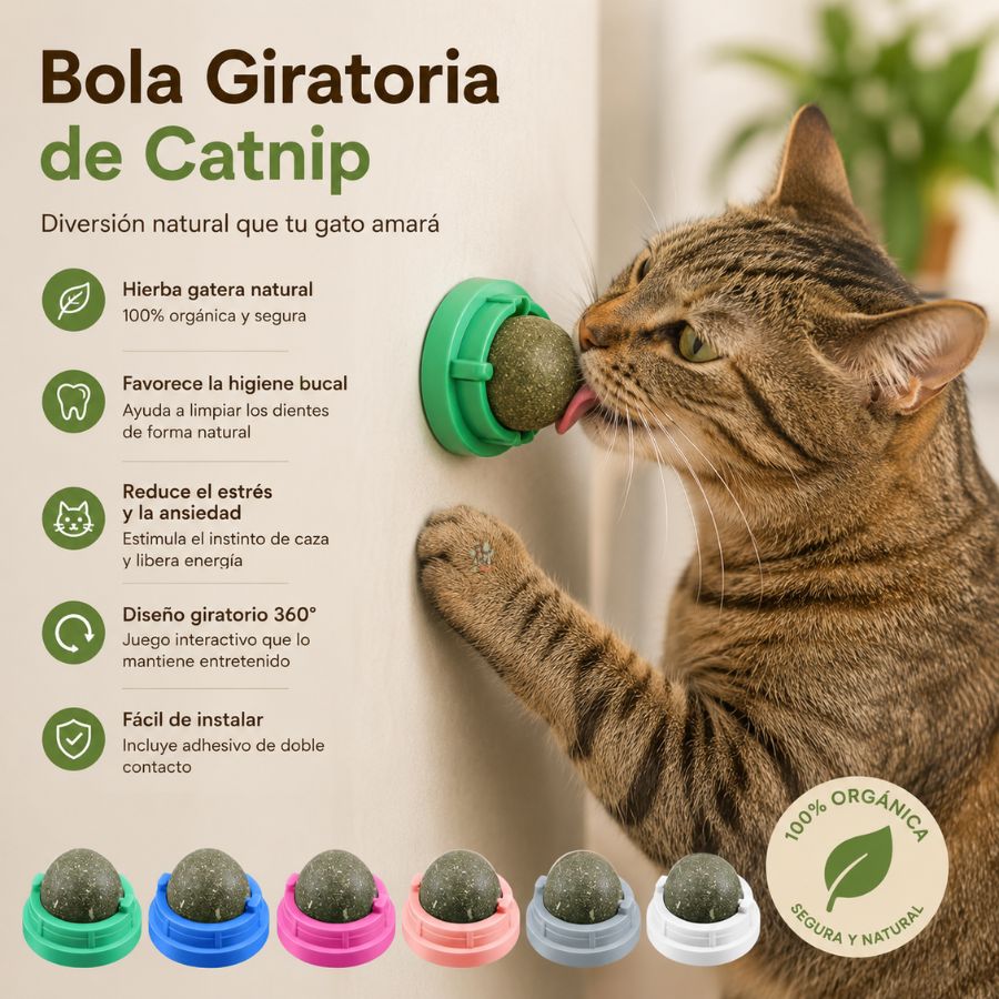 Bola de Hierba Gatera Giratoria: juguete interactivo de catnip natural para gatos, favorece la higiene bucal y reduce el estrés.