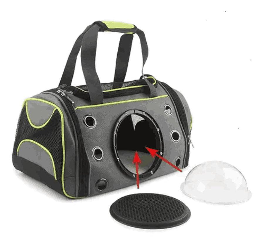 Bolso Transporte con Cúpula: Práctico y seguro para tu mascota. 🐾 Con ventilación de malla y cúpula visual. Asas y bandolera extraíble.