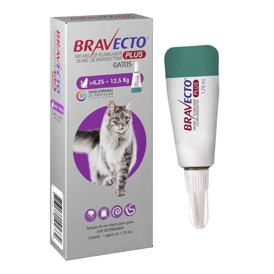Bravecto Plus Gato 6,25 a 12,5 kg controla pulgas, garrapatas y parásitos internos con una sola pipeta. Protección prolongada por 12 semanas.
