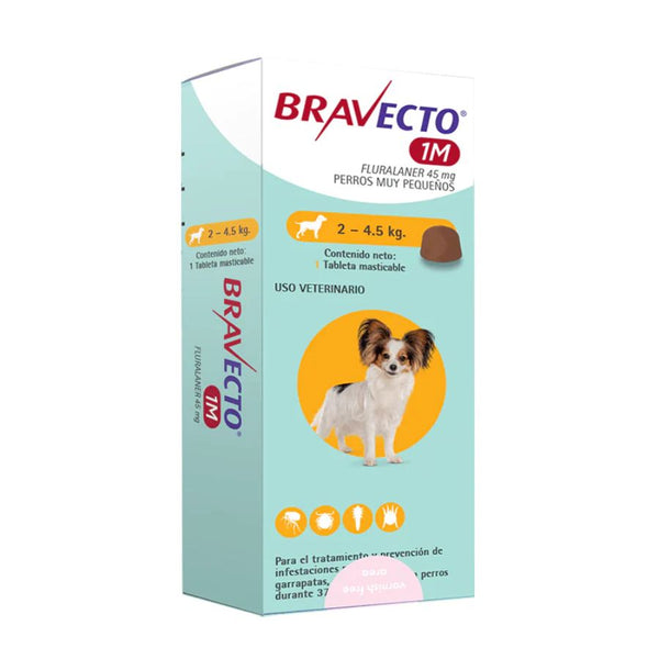 Bravecto Perro 1 Mes 2 a 4.5 kg (45mg), comprimido masticable antipulgas y garrapatas. Acción prolongada por 37 días. Trata también sarna y ácaros.
