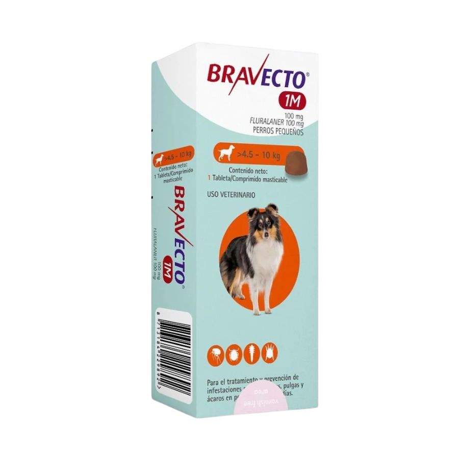 Bravecto Perro 1 Mes 4,5 a 10 kg, comprimido masticable antipulgas y garrapatas. Acción prolongada por 37 días. Trata también sarna y ácaros. B-Pets