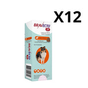 Pack 12x Bravecto Perro 1 Mes 4,5 a 10 kg, comprimido masticable antipulgas y garrapatas. Acción prolongada por 37 días. Trata también sarna y ácaros.